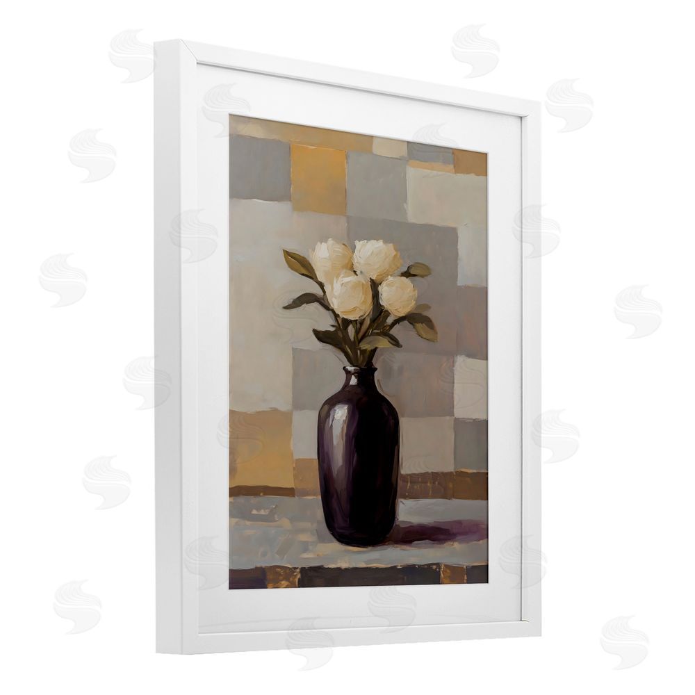Franklyn Gregory Luxe White Roses in Vase White Framed Print Under Glass with Mat Wall Art
