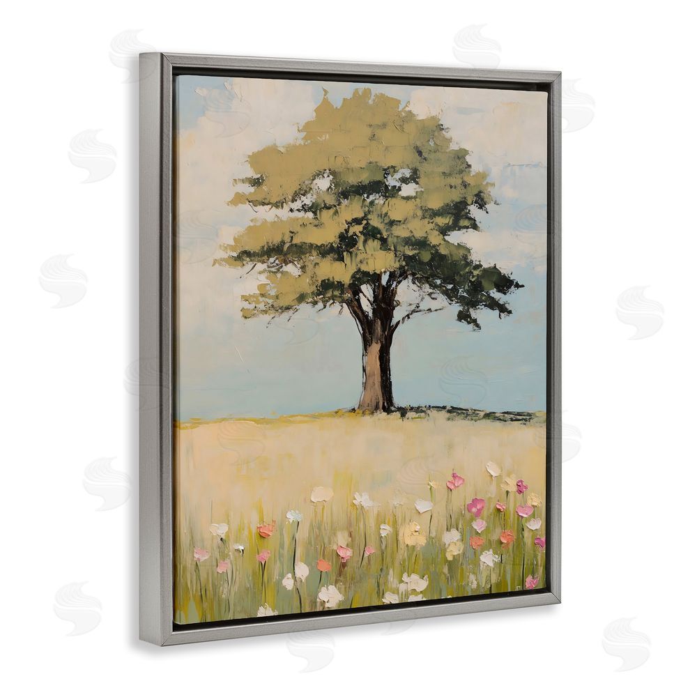 Franklyn Gregory Grown Oak Tree in Field Gray Floating Frame Canvas Wall Art Print