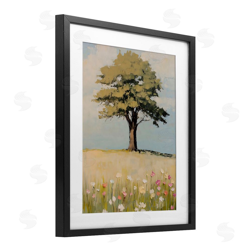 Franklyn Gregory Grown Oak Tree in Field Black Framed Print Under Glass with White Mat Wall Art