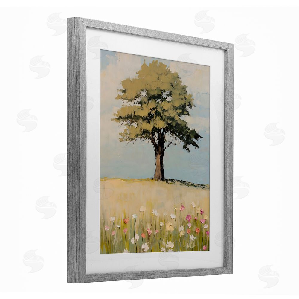 Franklyn Gregory Grown Oak Tree in Field Gray Framed Print Under Glass with White Mat Wall Art
