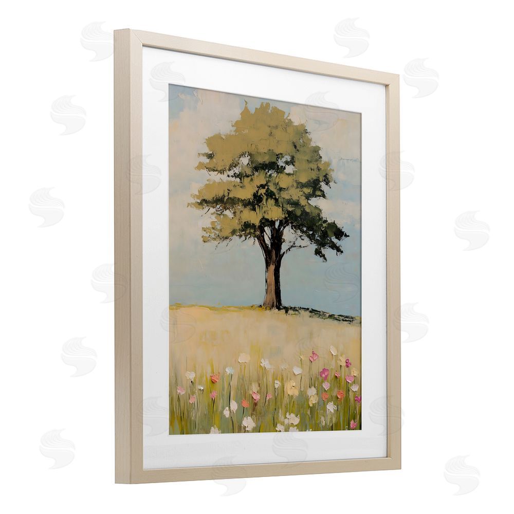 Franklyn Gregory Grown Oak Tree in Field Birch Framed Print Under Glass with White Mat Wall Art