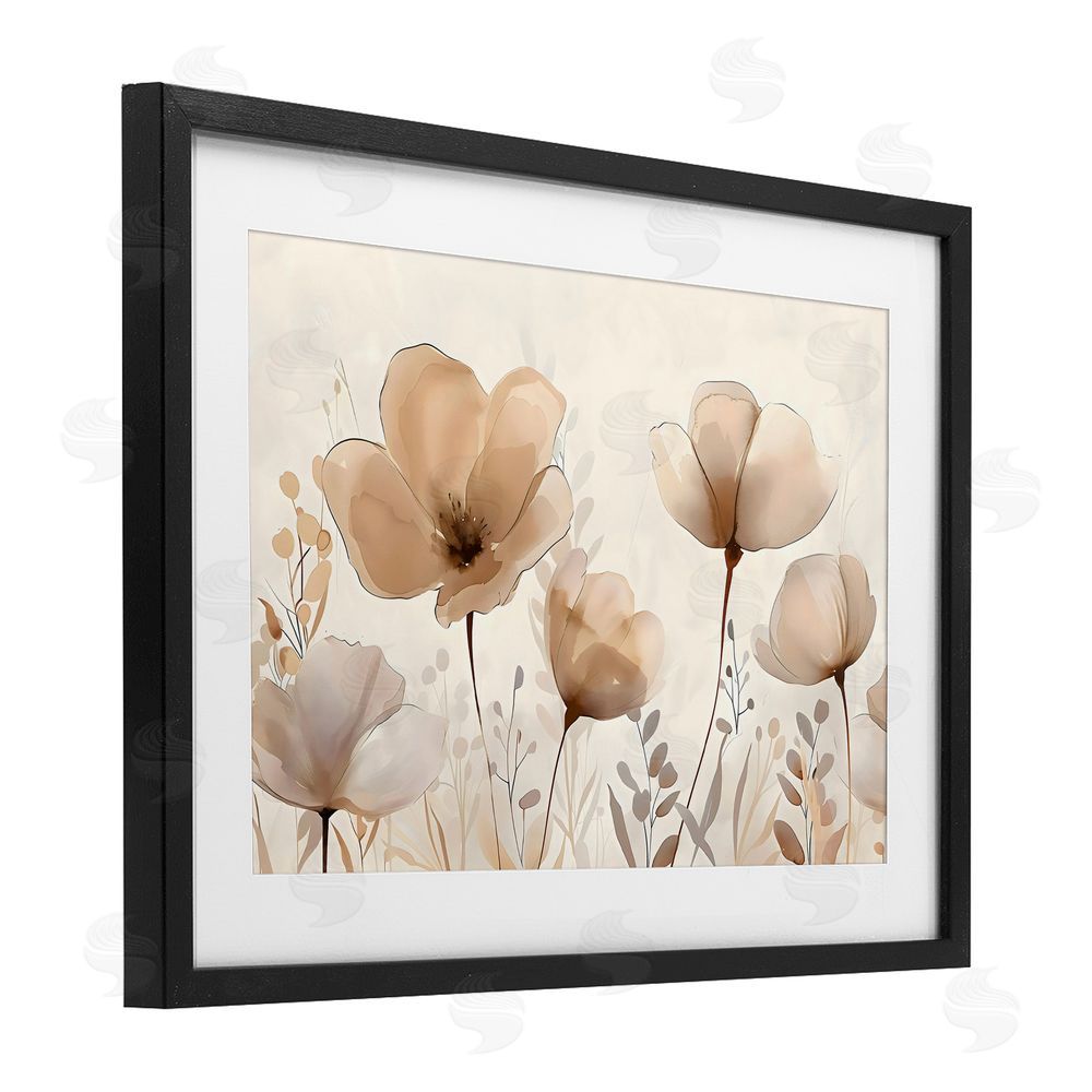 Creative Studio Neutral Wildflowers Floral Blossoms Black Framed Print Under Glass with White Mat Wall Art