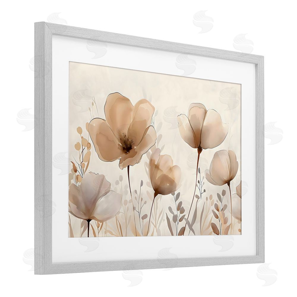 Creative Studio Neutral Wildflowers Floral Blossoms Gray Framed Print Under Glass with White Mat Wall Art