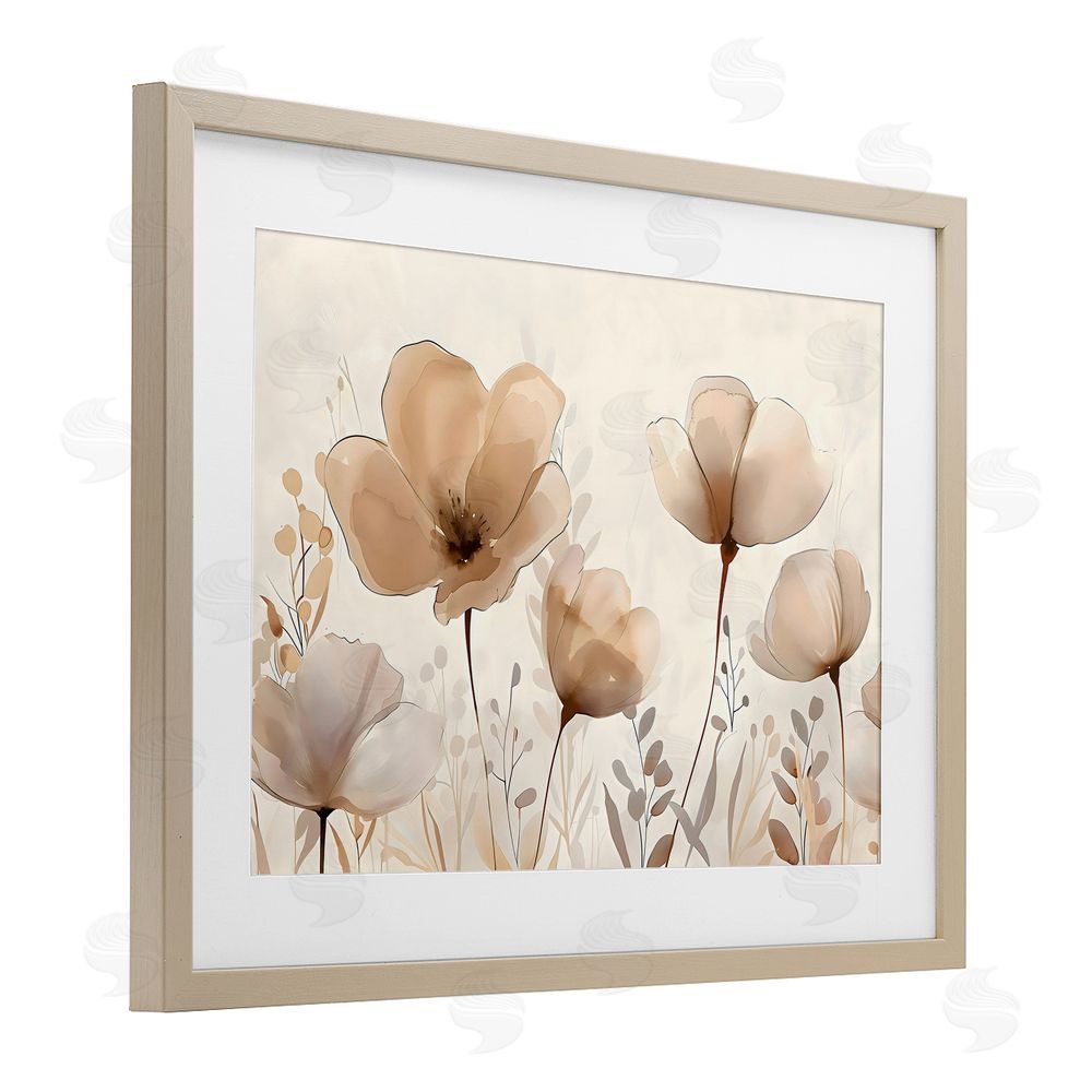 Creative Studio Neutral Wildflowers Floral Blossoms Birch Framed Print Under Glass with White Mat Wall Art