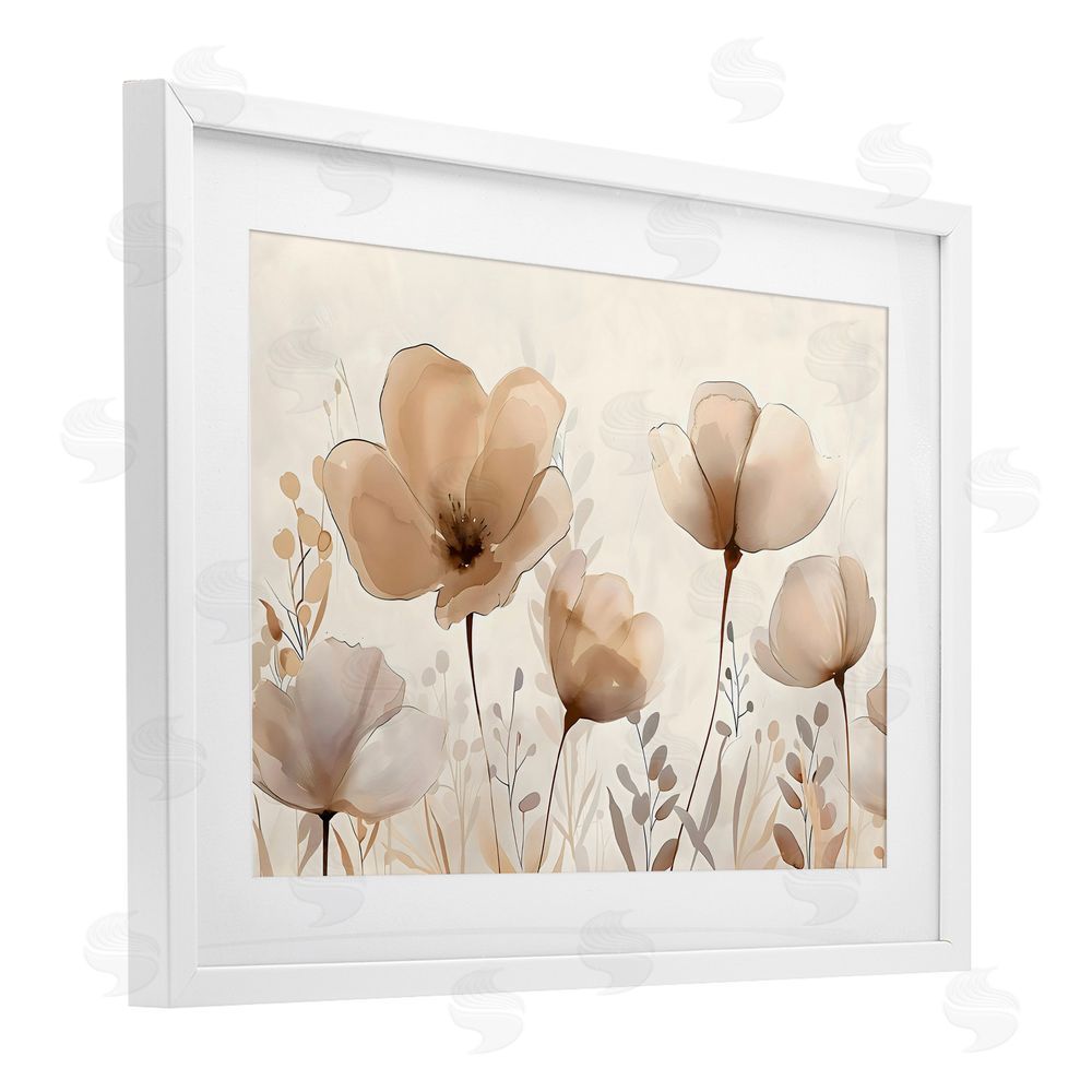 Creative Studio Neutral Wildflowers Floral Blossoms White Framed Print Under Glass with Mat Wall Art