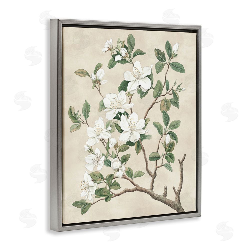 Petal Prints Design Vintage White Blossomed Tree Gray Floating Frame Canvas Wall Art Print