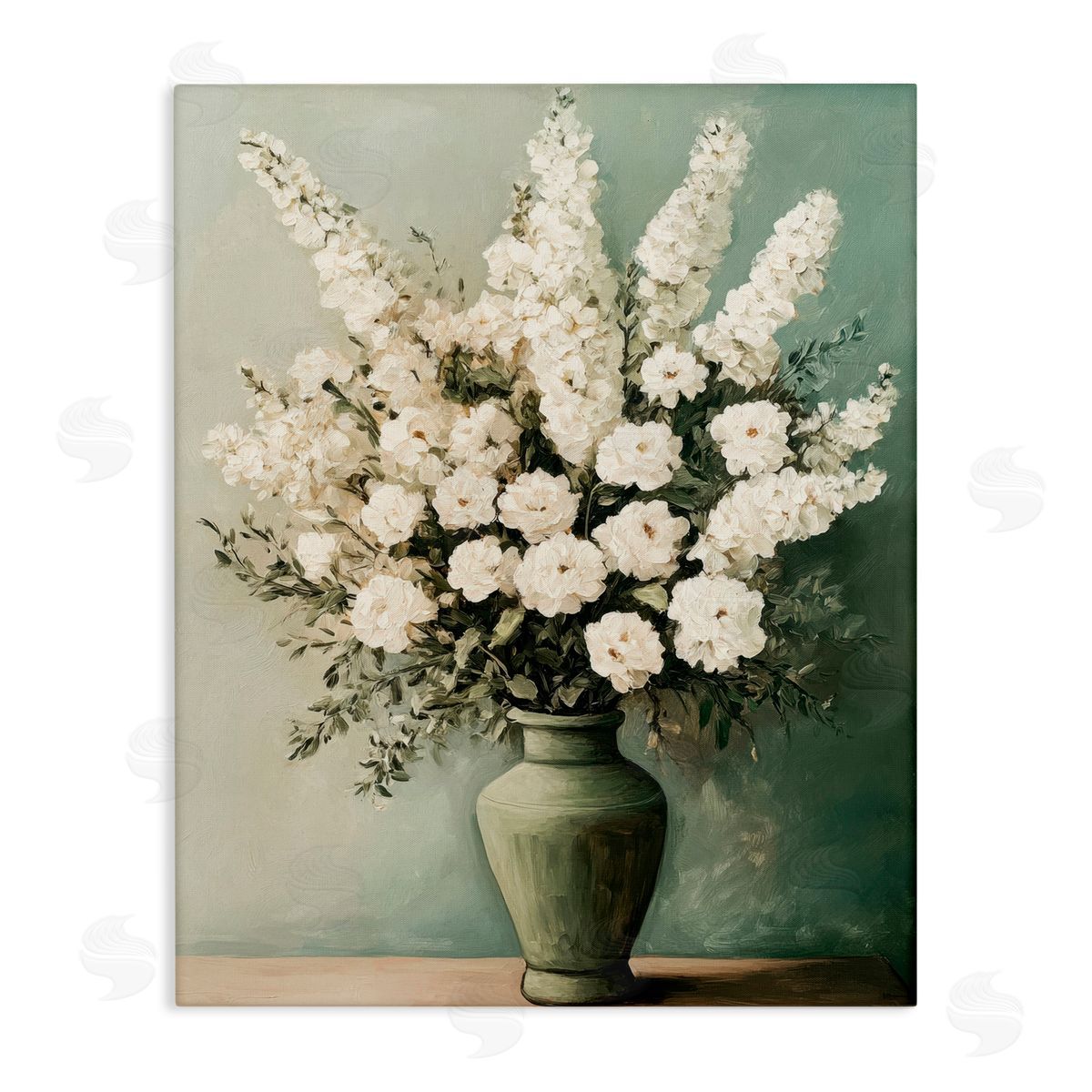 Petal Prints Design White Florals in Green Vase Canvas Wall Art Print