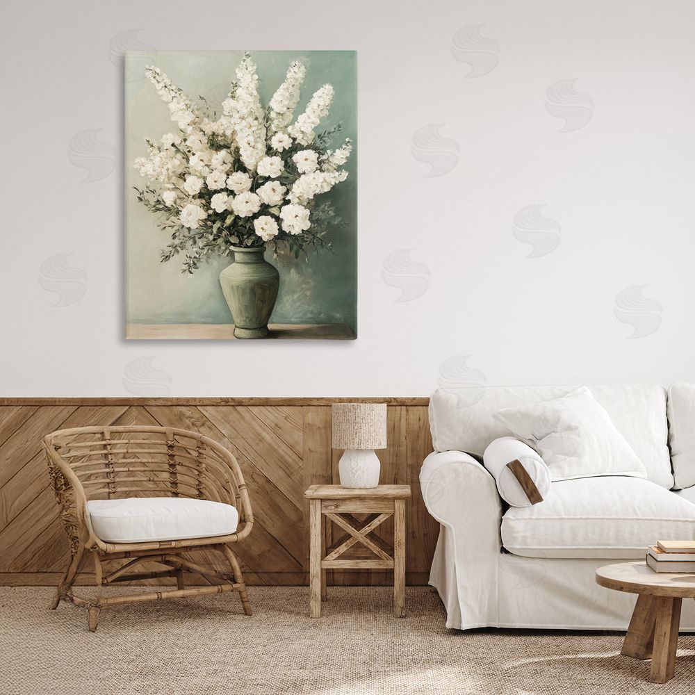 Petal Prints Design White Florals in Green Vase Canvas Art on Wall