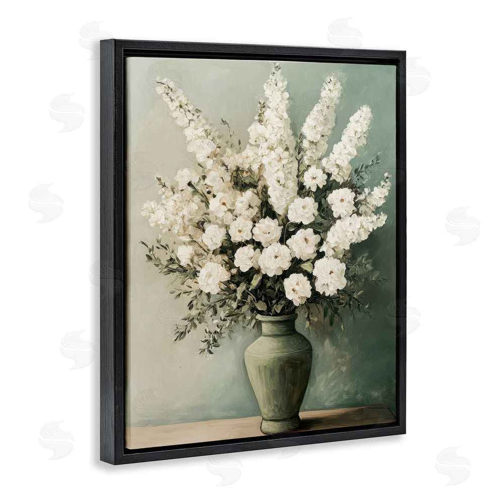 Petal Prints Design White Florals in Green Vase Black Floating Frame Canvas Wall Art Print
