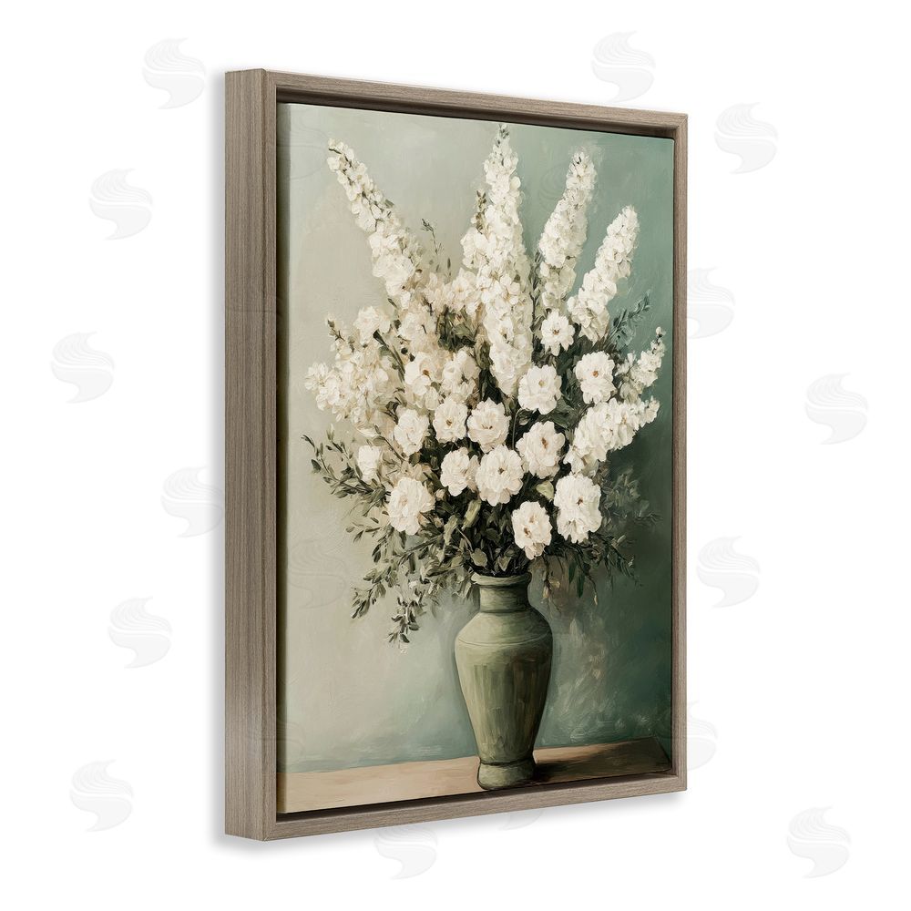 Petal Prints Design White Florals in Green Vase Brown Floating Frame Canvas Wall Art Print