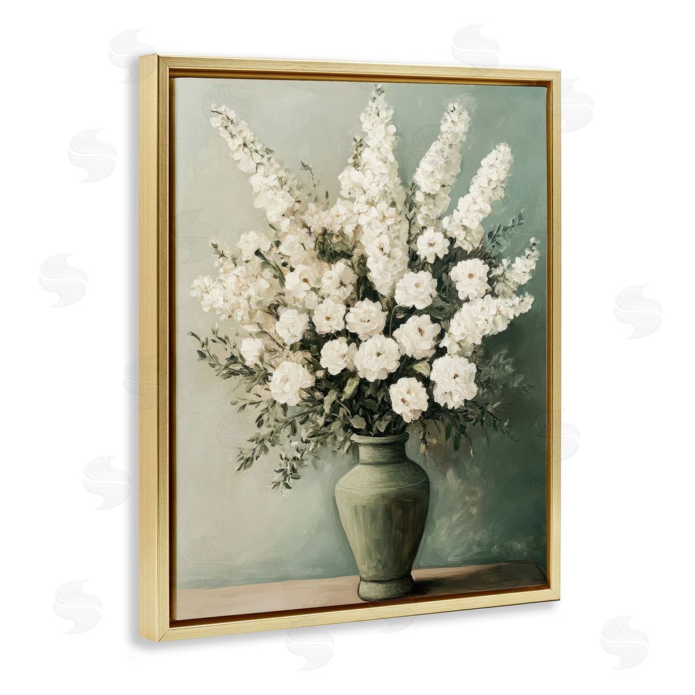 Petal Prints Design White Florals in Green Vase Gold Floating Frame Canvas Wall Art Print