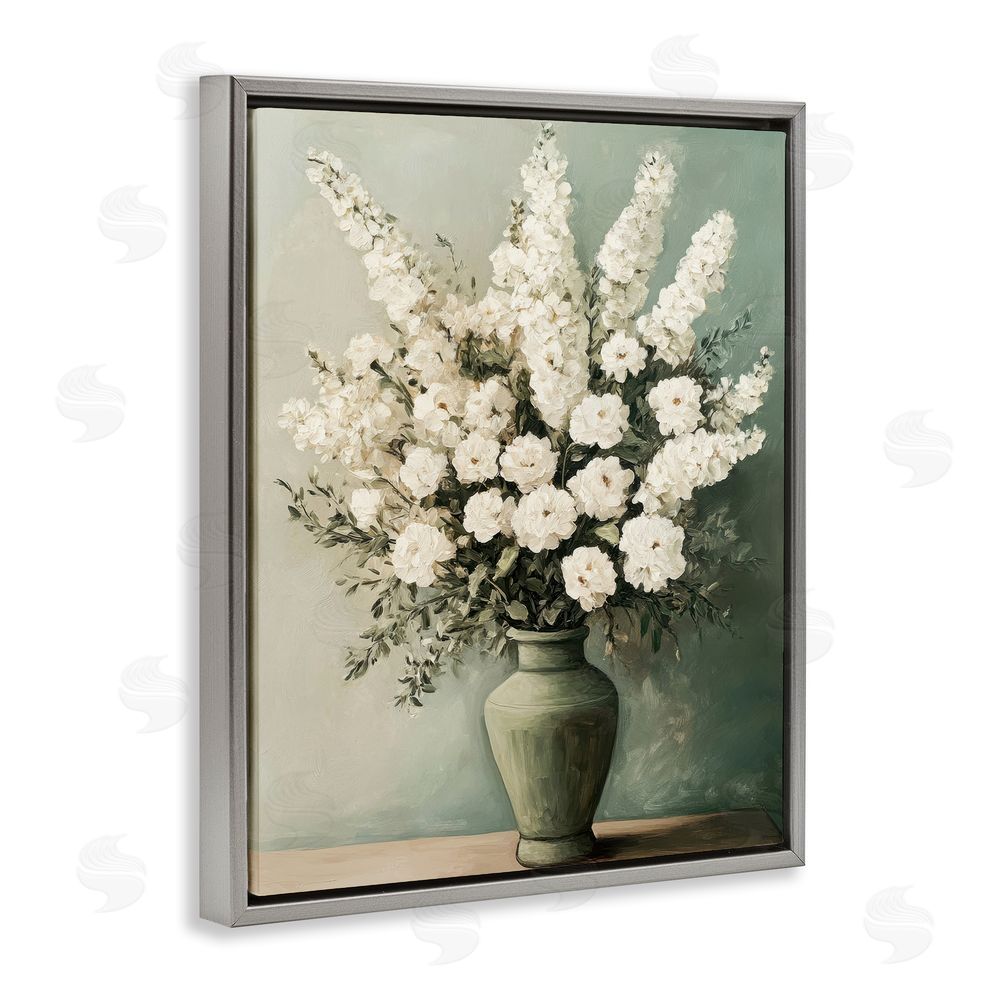 Petal Prints Design White Florals in Green Vase Gray Floating Frame Canvas Wall Art Print