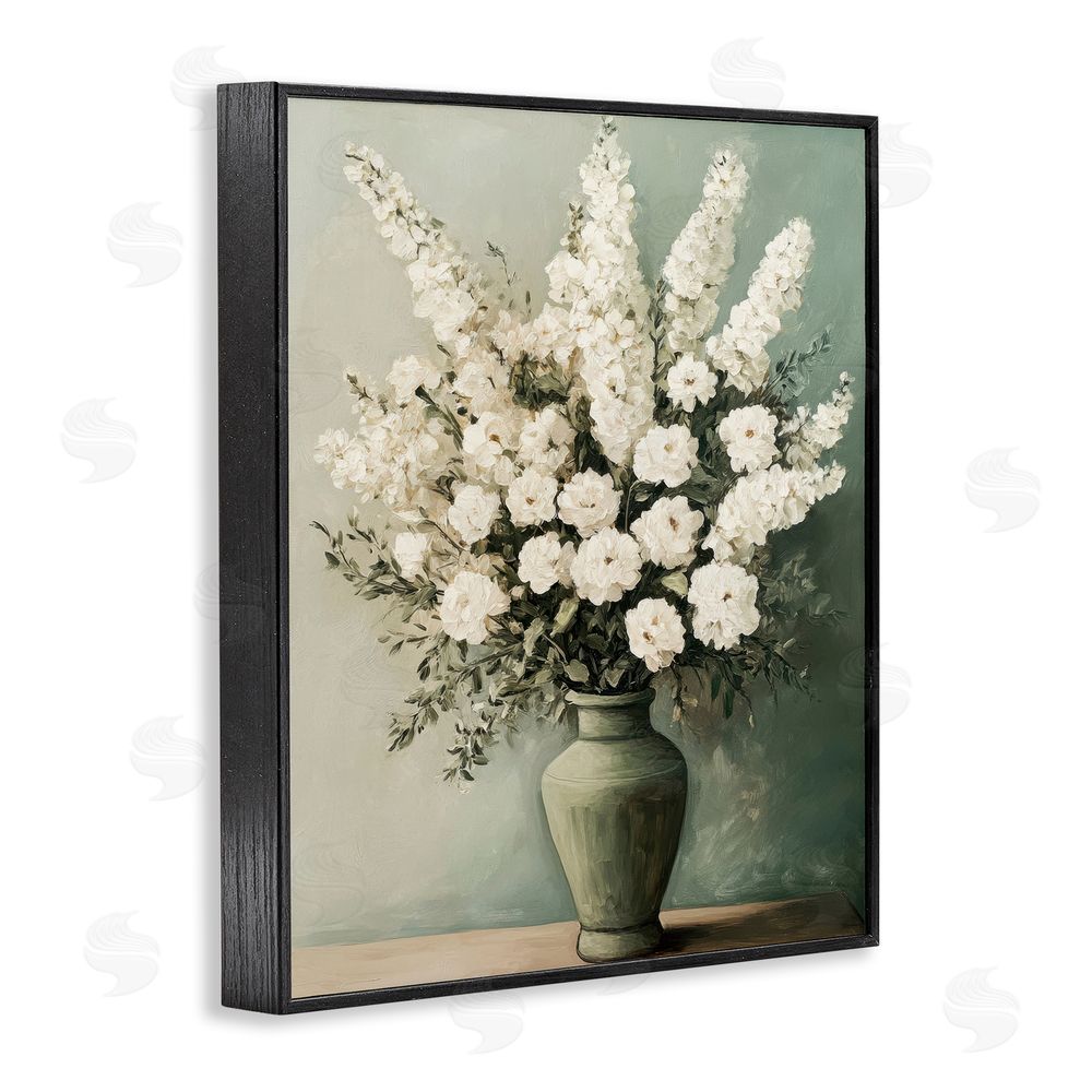 Petal Prints Design White Florals in Green Vase Black Framed Giclee Wall Art Print