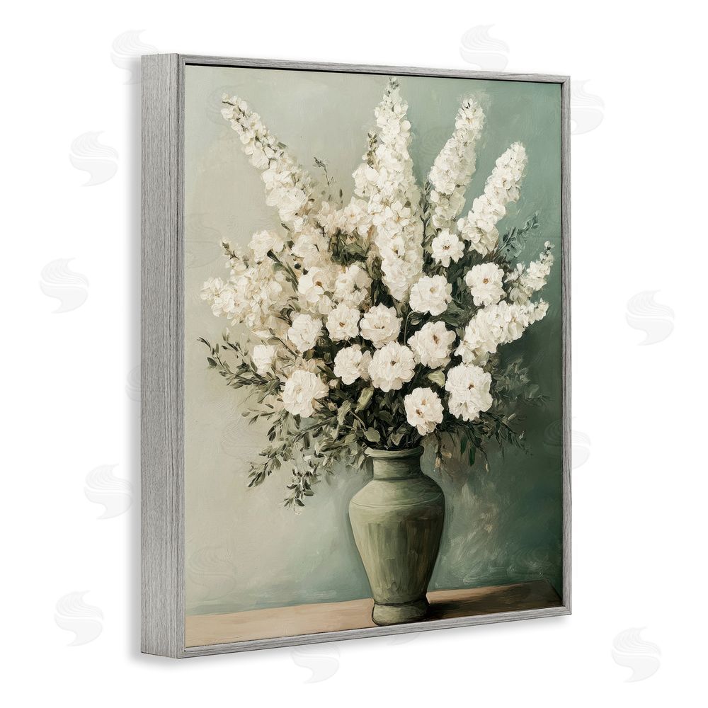 Petal Prints Design White Florals in Green Vase Gray Framed Giclee Wall Art Print