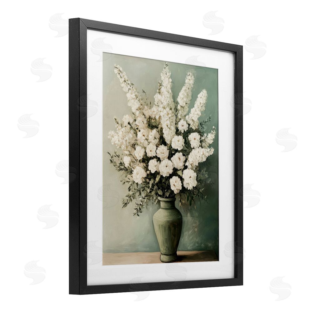 Petal Prints Design White Florals in Green Vase Black Framed Print Under Glass with White Mat Wall Art