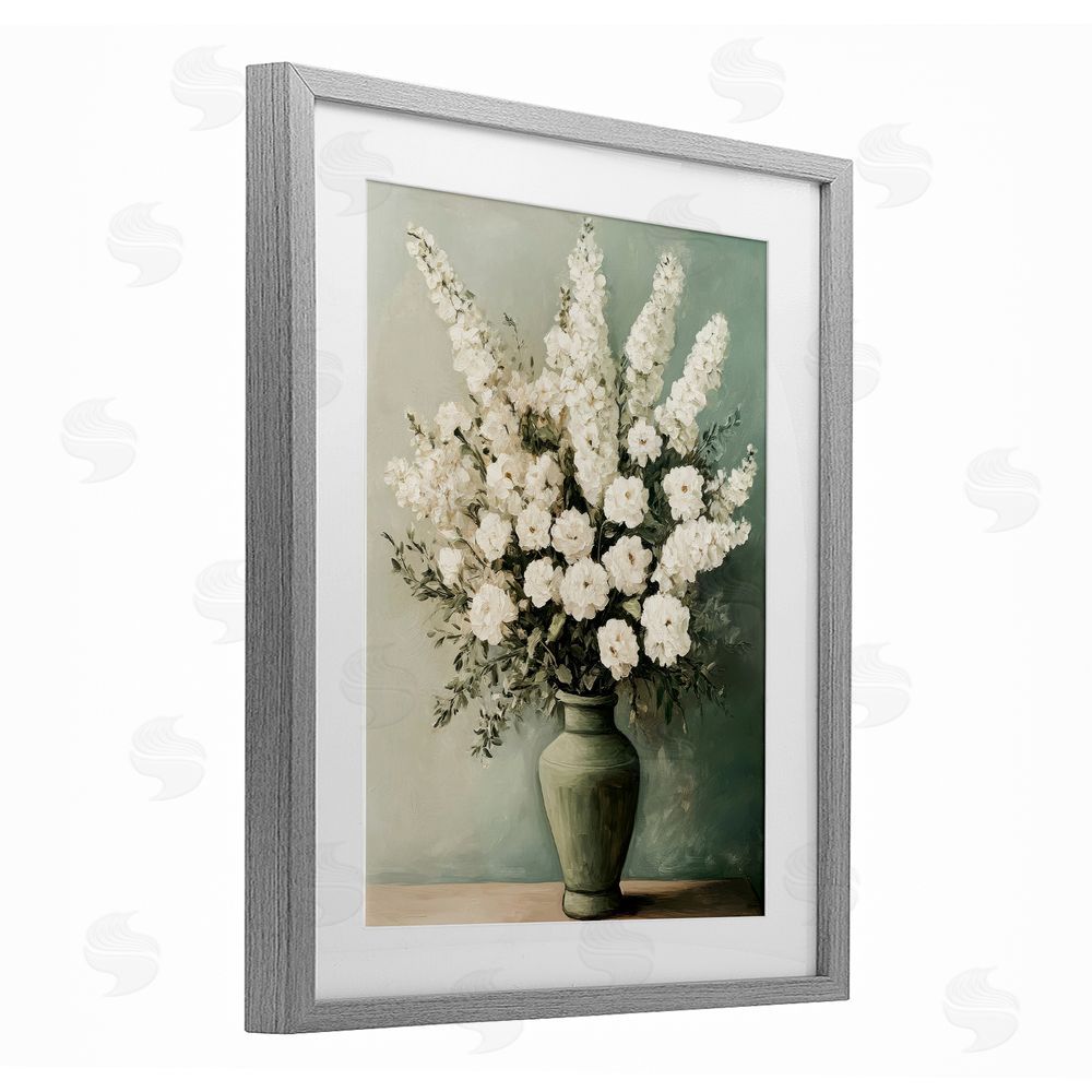 Petal Prints Design White Florals in Green Vase Gray Framed Print Under Glass with White Mat Wall Art