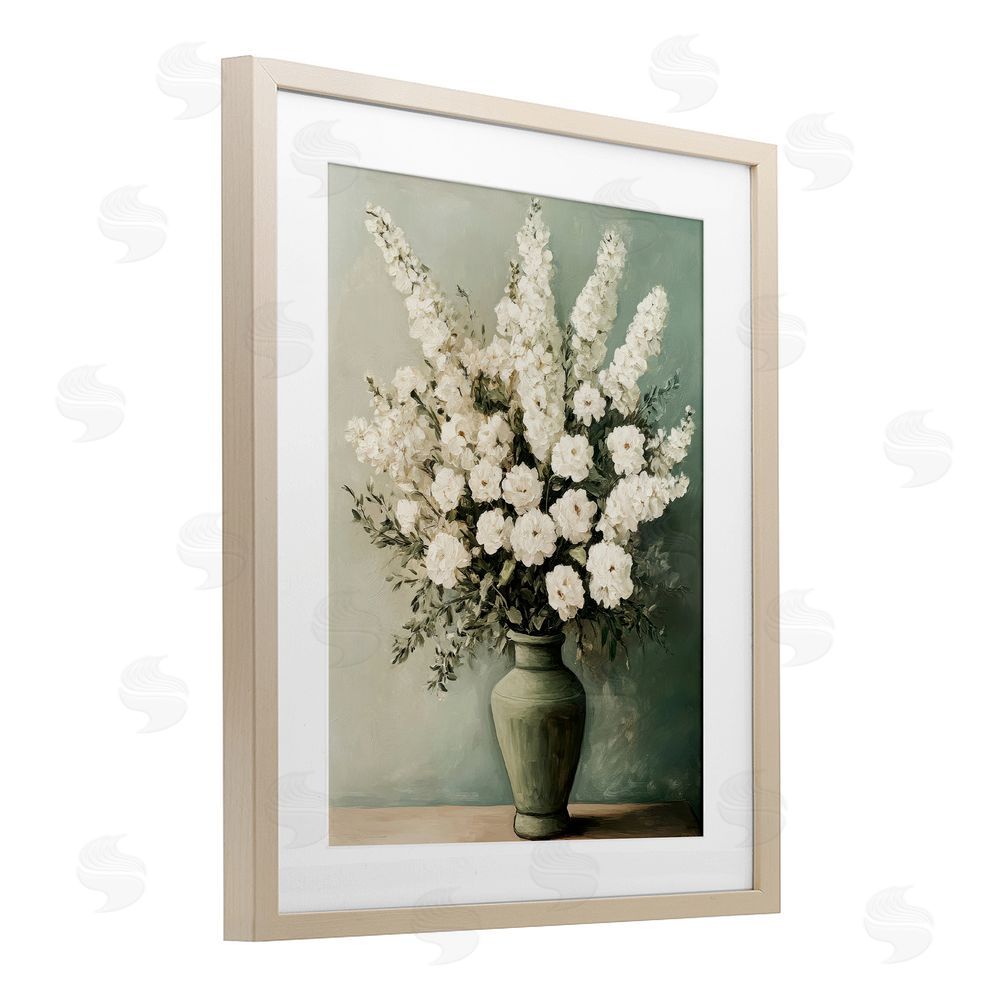 Petal Prints Design White Florals in Green Vase Birch Framed Print Under Glass with White Mat Wall Art
