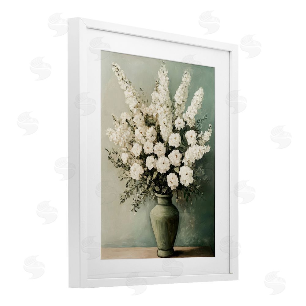 Petal Prints Design White Florals in Green Vase White Framed Print Under Glass with Mat Wall Art