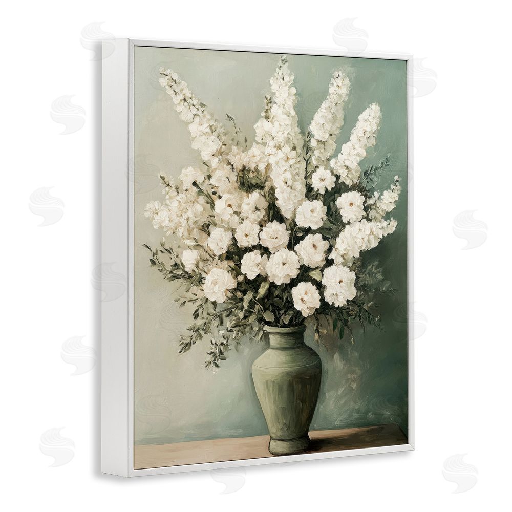 Petal Prints Design White Florals in Green Vase White Framed Giclee Wall Art Print