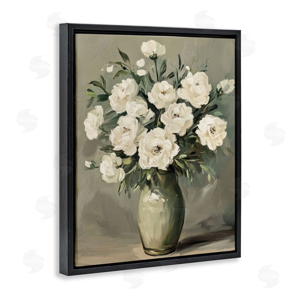 Petal Prints Design Abstract White Rose Bouquet Black Floating Frame Canvas Wall Art Print