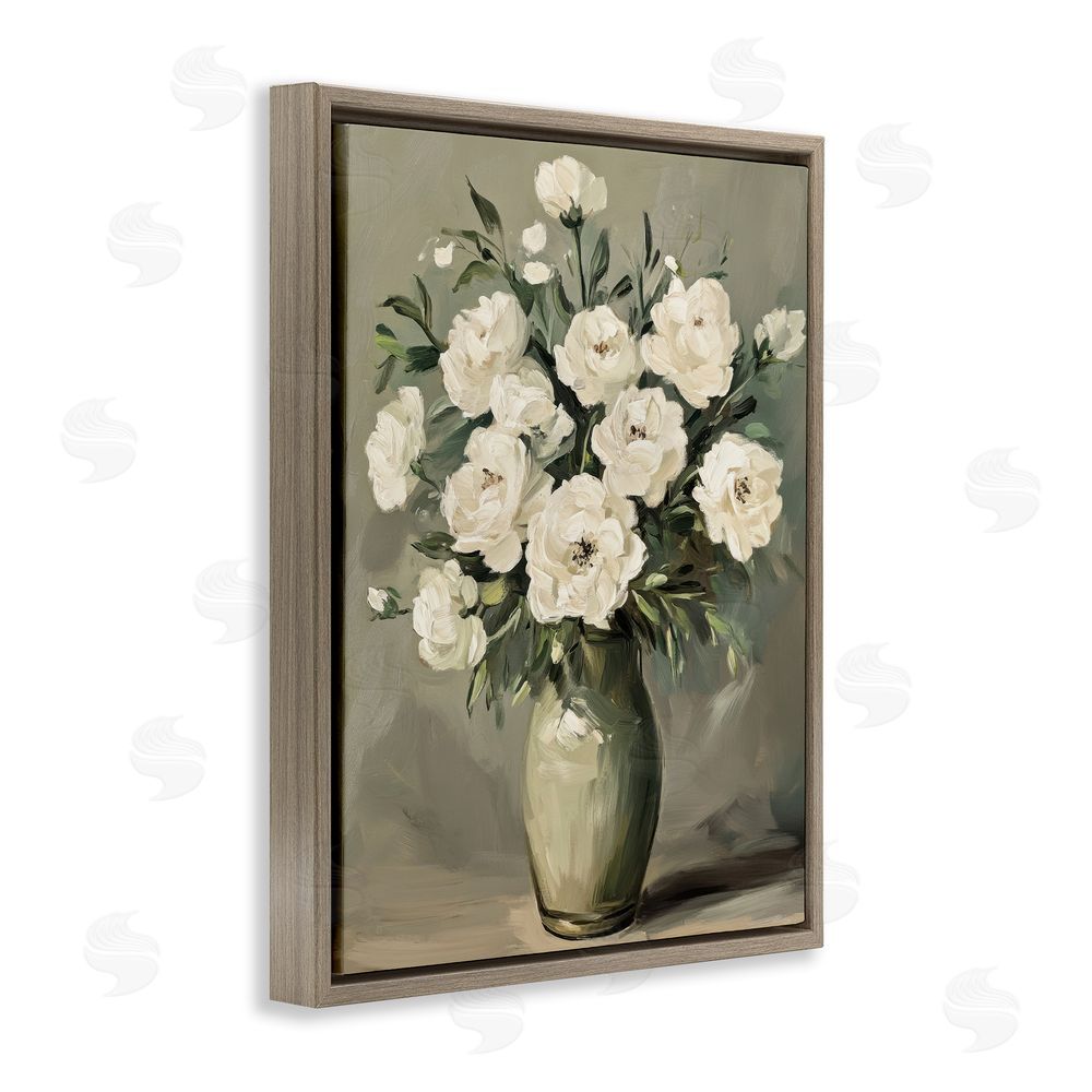 Petal Prints Design Abstract White Rose Bouquet Brown Floating Frame Canvas Wall Art Print