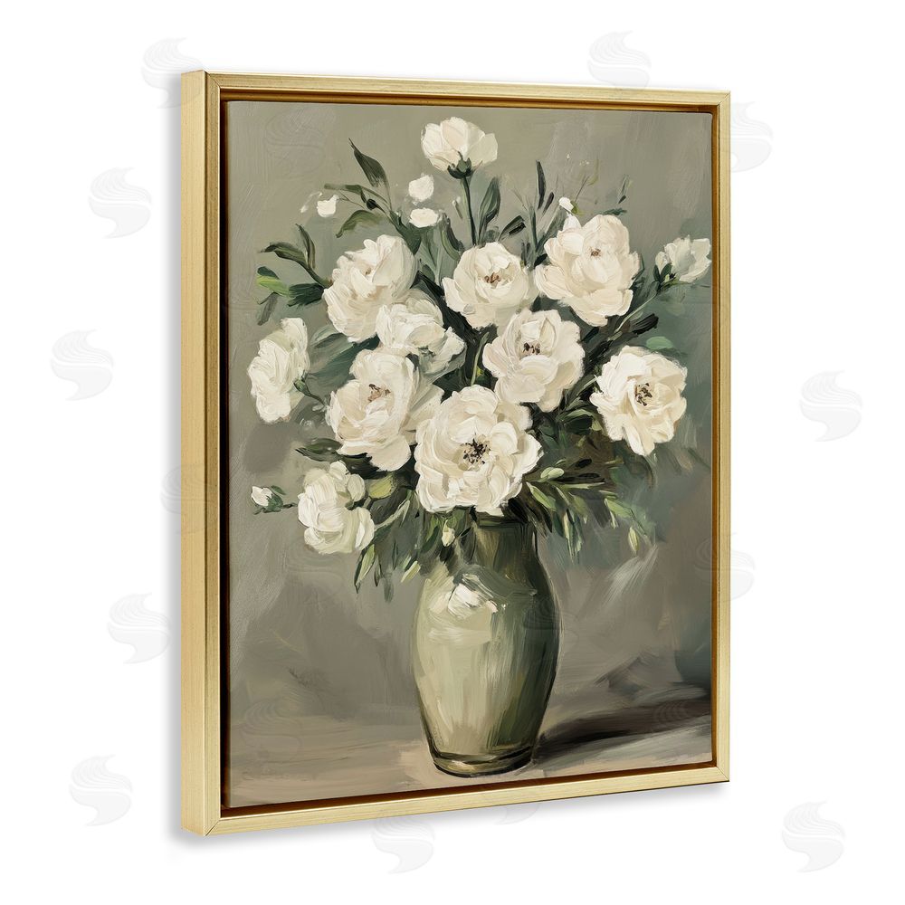 Petal Prints Design Abstract White Rose Bouquet Gold Floating Frame Canvas Wall Art Print