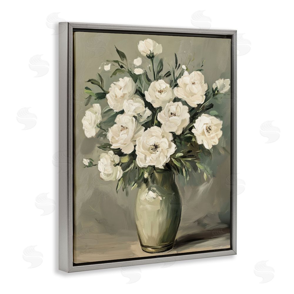 Petal Prints Design Abstract White Rose Bouquet Gray Floating Frame Canvas Wall Art Print
