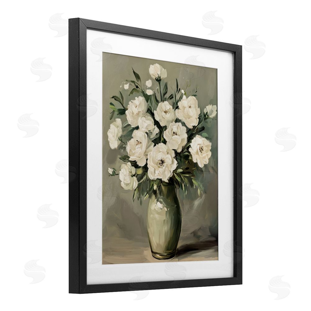 Petal Prints Design Abstract White Rose Bouquet Black Framed Print Under Glass with White Mat Wall Art