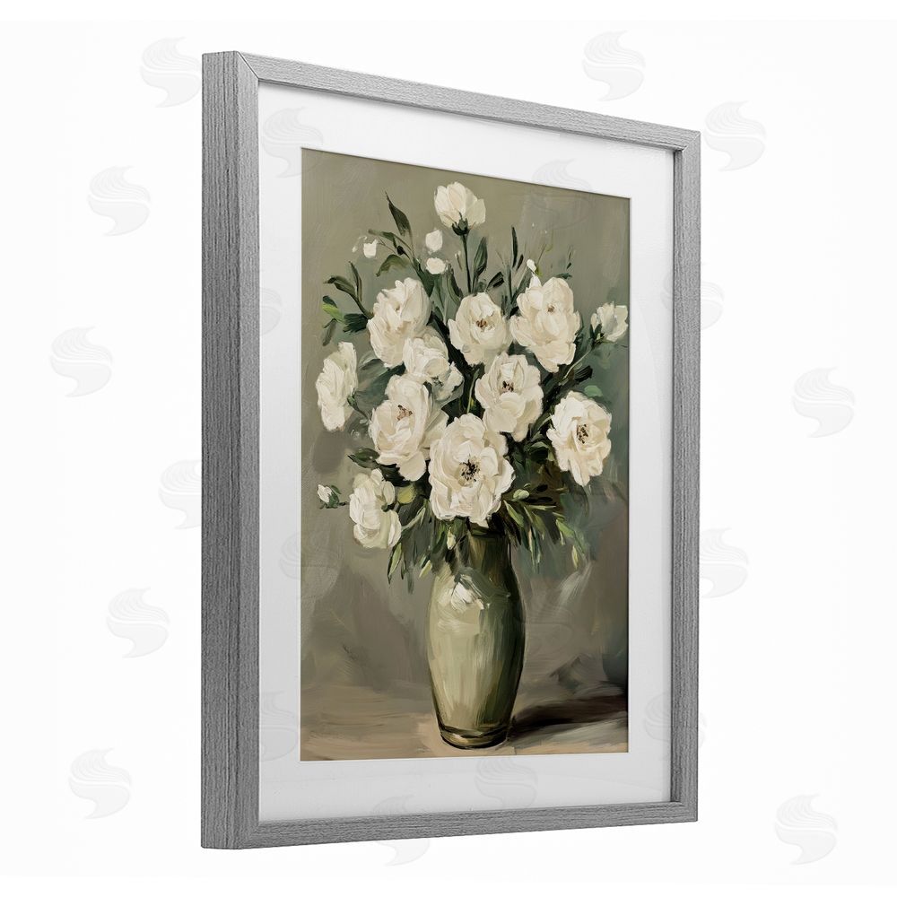 Petal Prints Design Abstract White Rose Bouquet Gray Framed Print Under Glass with White Mat Wall Art