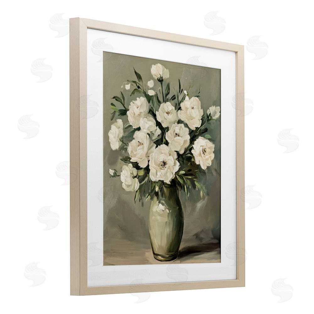Petal Prints Design Abstract White Rose Bouquet Birch Framed Print Under Glass with White Mat Wall Art