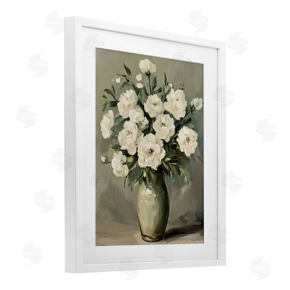 Petal Prints Design Abstract White Rose Bouquet White Framed Print Under Glass with Mat Wall Art