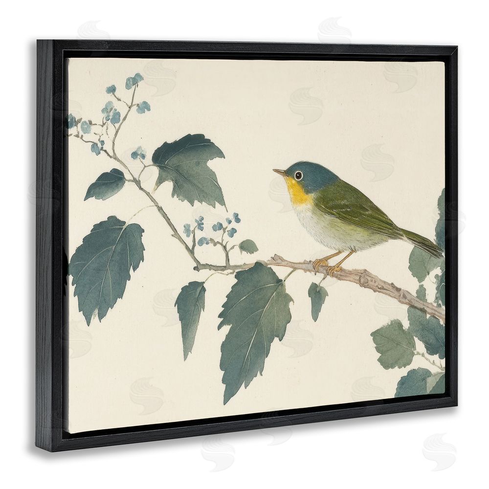 Petal Prints Design Blue Bird and Leaves Black Floating Frame Canvas Wall Art Print