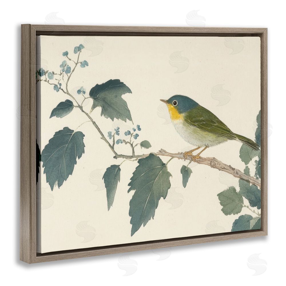 Petal Prints Design Blue Bird and Leaves Brown Floating Frame Canvas Wall Art Print