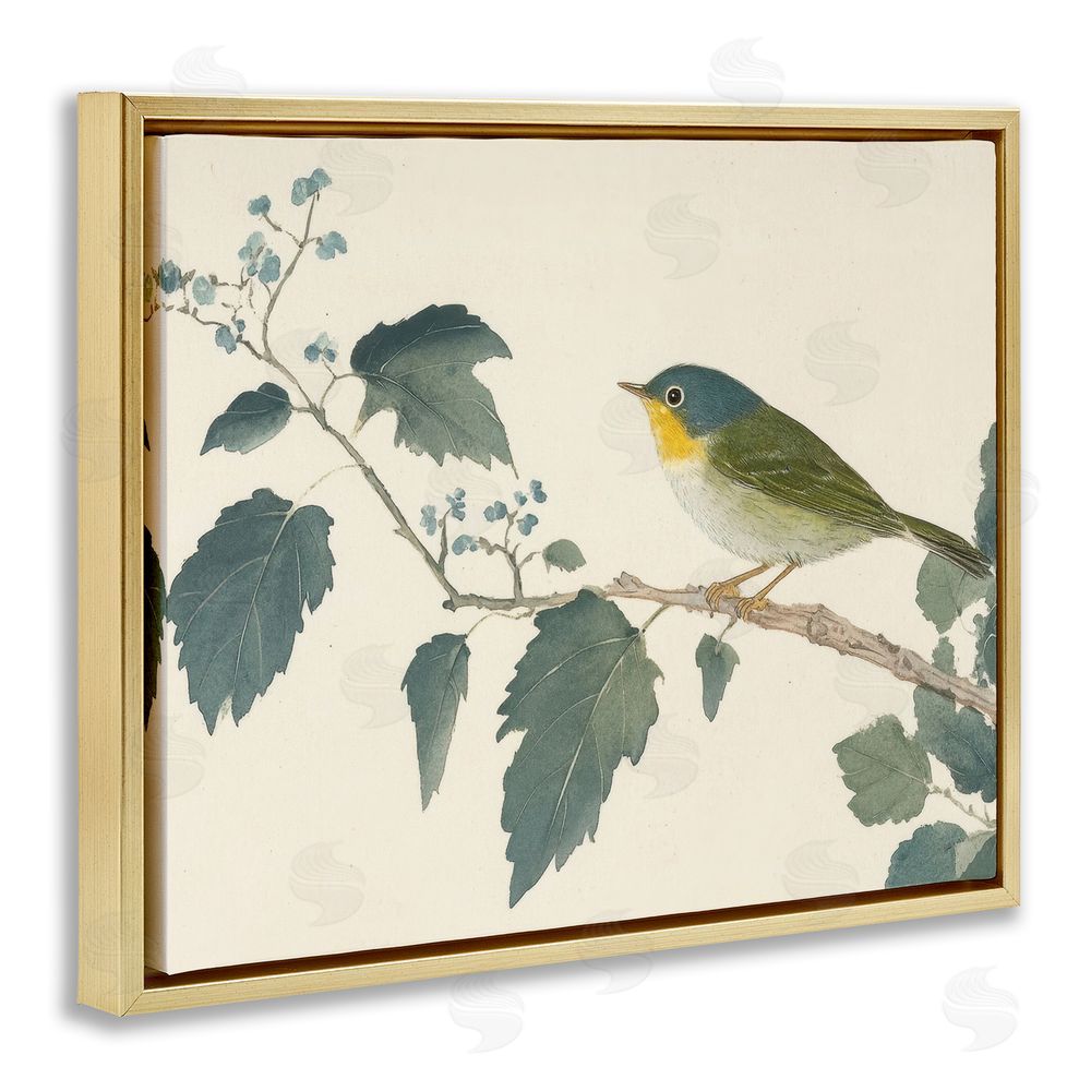 Petal Prints Design Blue Bird and Leaves Gold Floating Frame Canvas Wall Art Print