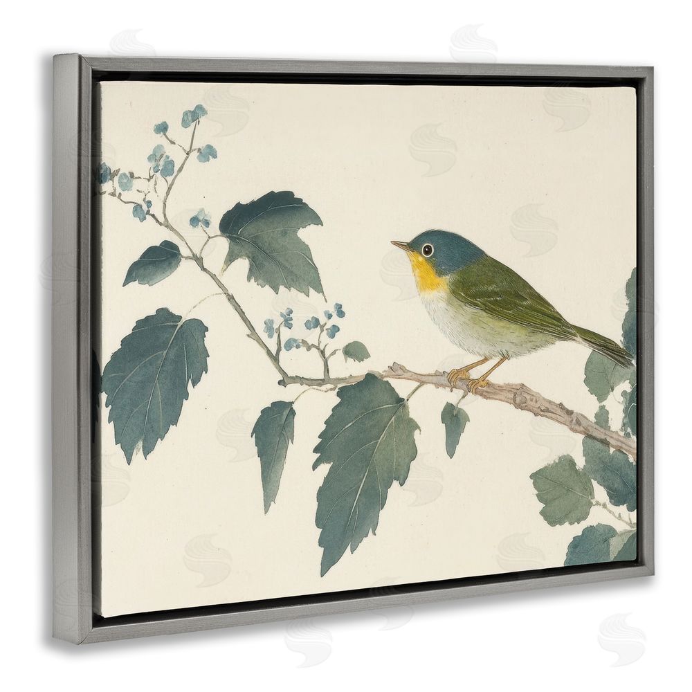Petal Prints Design Blue Bird and Leaves Gray Floating Frame Canvas Wall Art Print