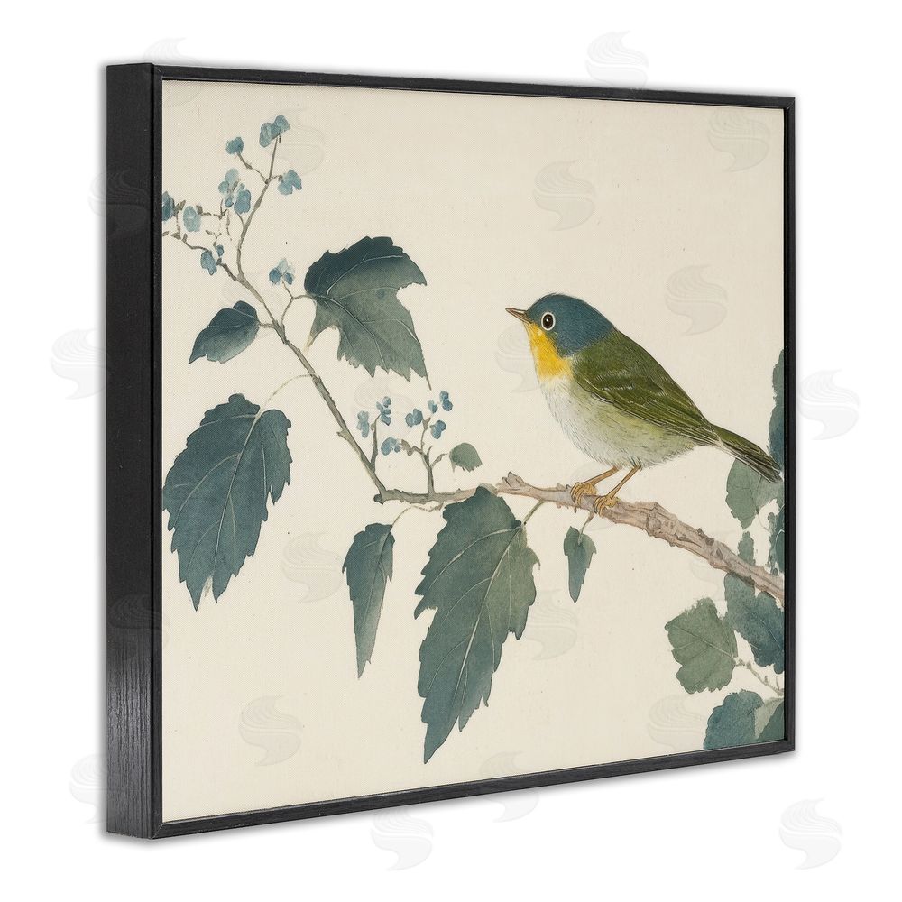 Petal Prints Design Blue Bird and Leaves Black Framed Giclee Wall Art Print