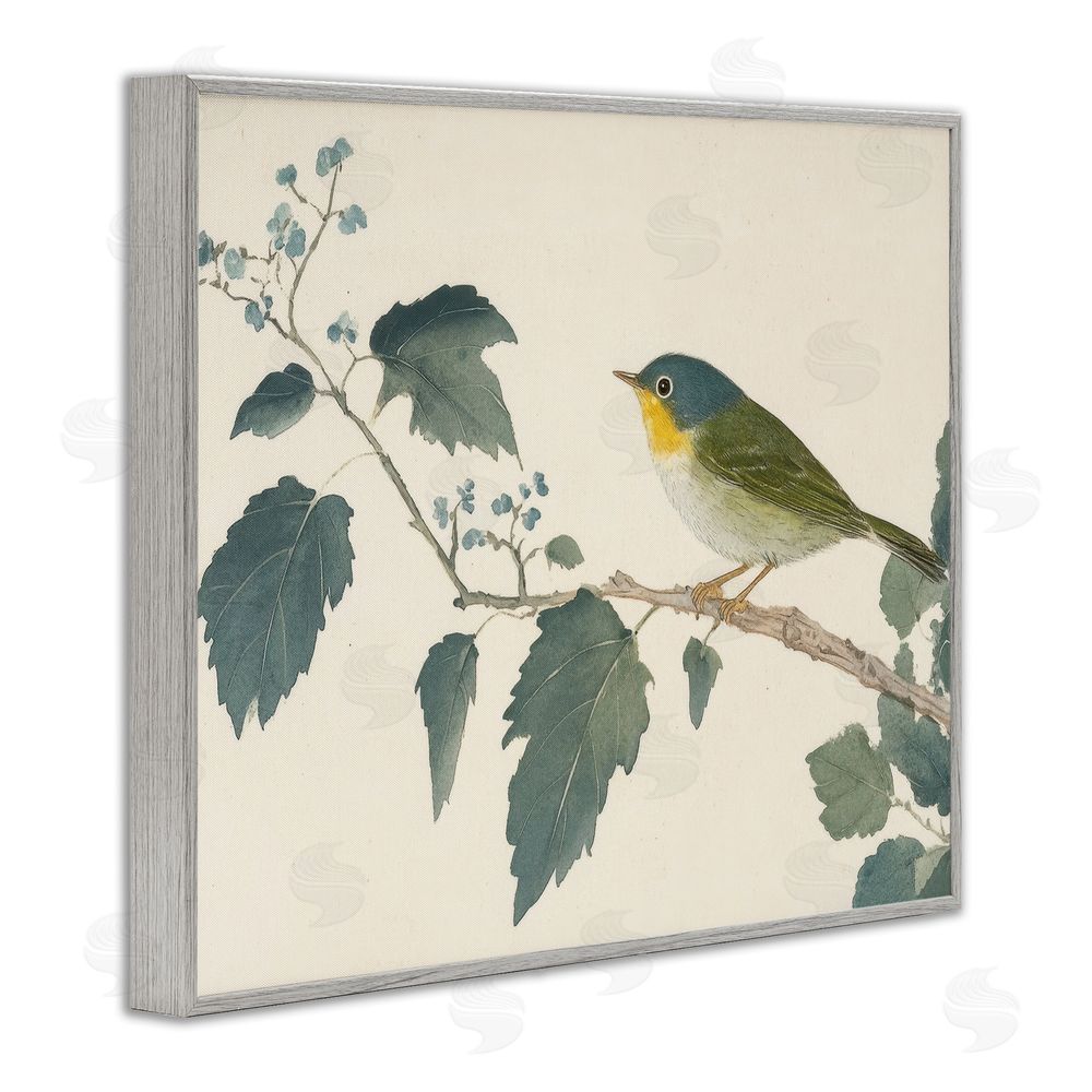 Petal Prints Design Blue Bird and Leaves Gray Framed Giclee Wall Art Print