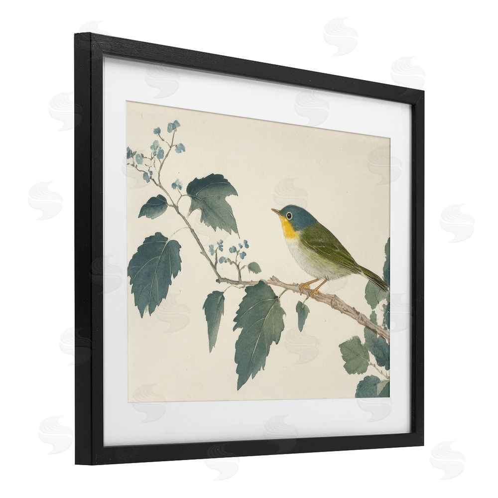 Petal Prints Design Blue Bird and Leaves Black Framed Print Under Glass with White Mat Wall Art
