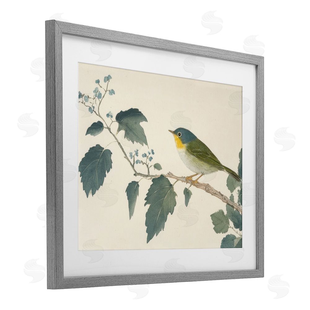 Petal Prints Design Blue Bird and Leaves Gray Framed Print Under Glass with White Mat Wall Art