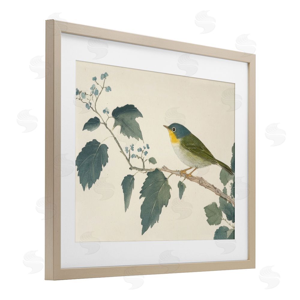 Petal Prints Design Blue Bird and Leaves Birch Framed Print Under Glass with White Mat Wall Art