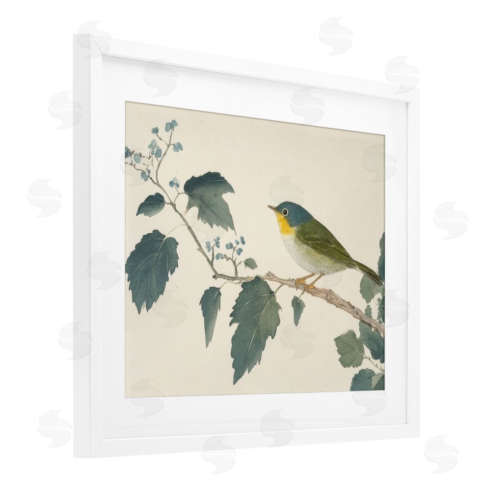 Petal Prints Design Blue Bird and Leaves White Framed Print Under Glass with Mat Wall Art