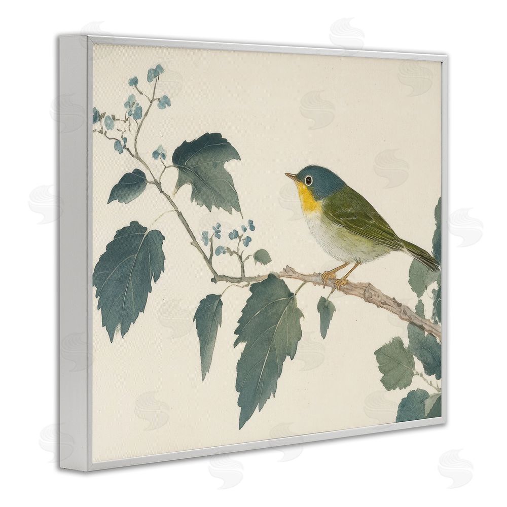 Petal Prints Design Blue Bird and Leaves White Framed Giclee Wall Art Print