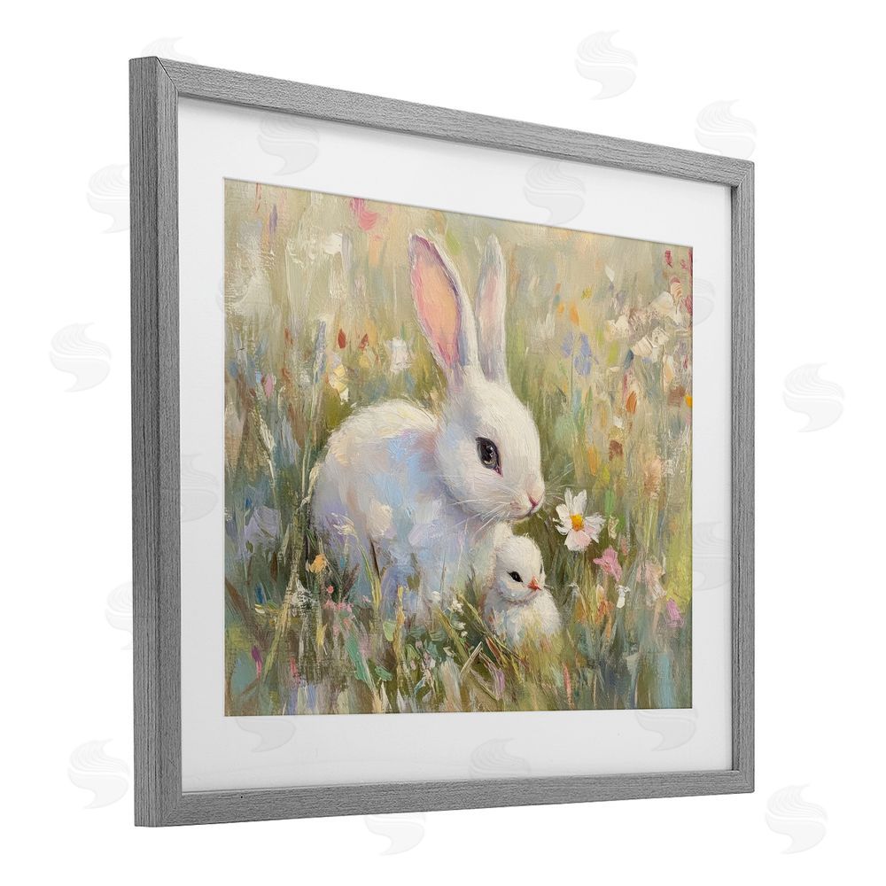 Petal Prints Design White Rabbit Easter and Flowers Gray Framed Print Under Glass with White Mat Wall Art