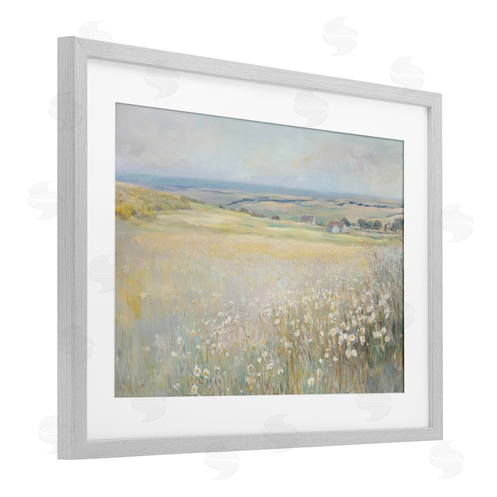 Petal Prints Design Country Homes Open Landscape Gray Framed Print Under Glass with White Mat Wall Art
