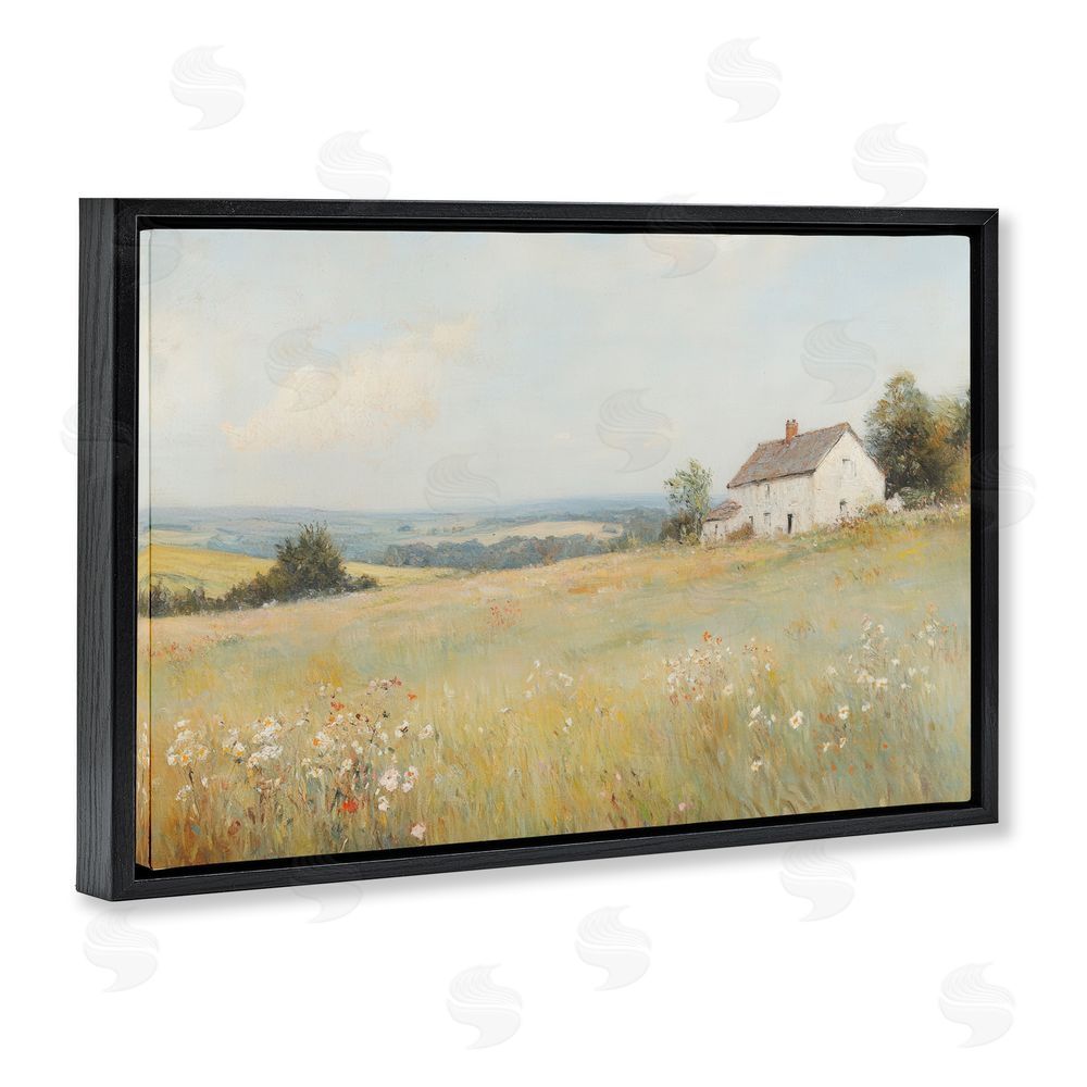 Petal Prints Design Little House Prairie Landscape Black Floating Frame Canvas Wall Art Print