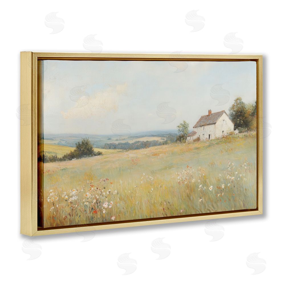 Petal Prints Design Little House Prairie Landscape Gold Floating Frame Canvas Wall Art Print