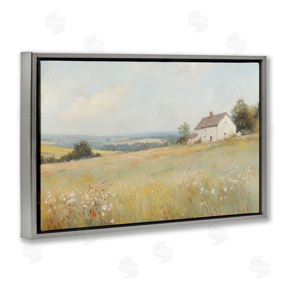 Petal Prints Design Little House Prairie Landscape Gray Floating Frame Canvas Wall Art Print