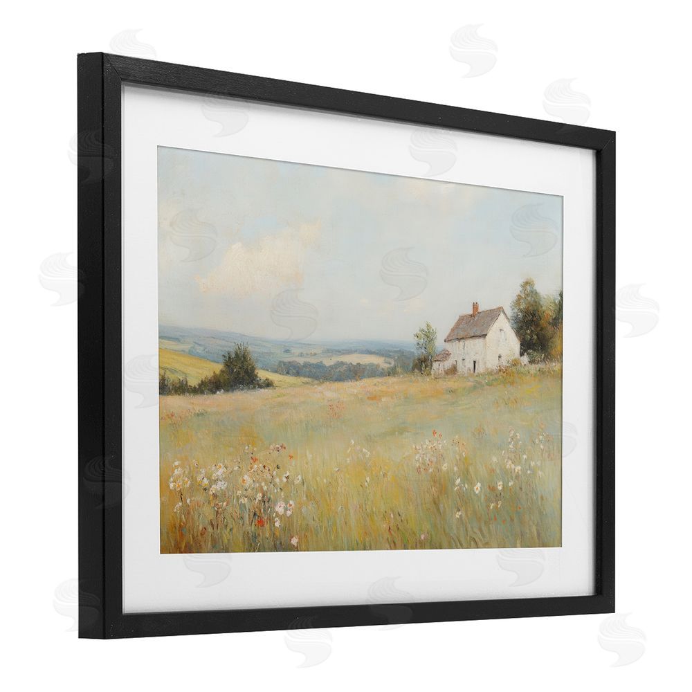 Petal Prints Design Little House Prairie Landscape Black Framed Print Under Glass with White Mat Wall Art