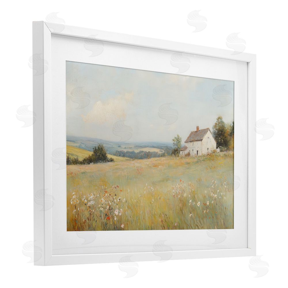 Petal Prints Design Little House Prairie Landscape White Framed Print Under Glass with Mat Wall Art