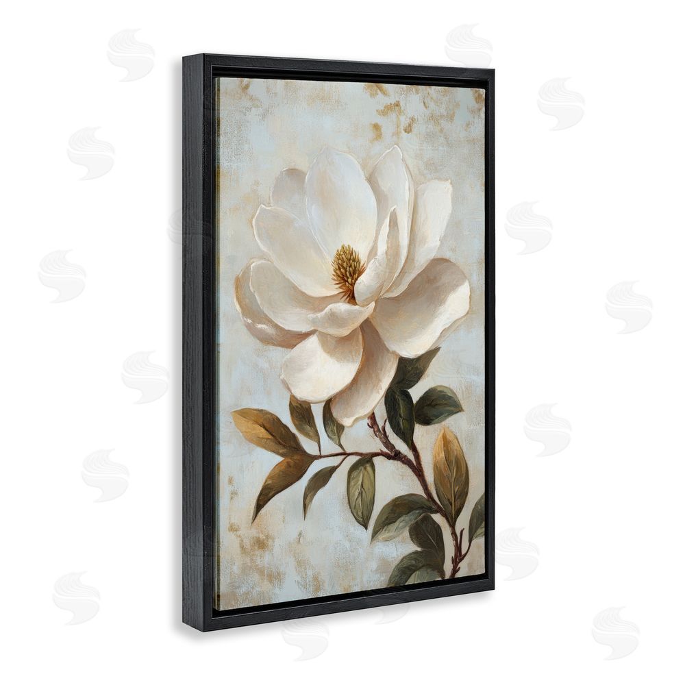 Petal Prints Design Open White Magnolia Flower Black Floating Frame Canvas Wall Art Print